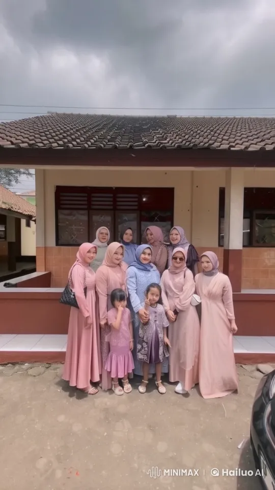 Family Celebration in Coordinated Outfits Outside Building – AI Generated Video | Hailuo AI