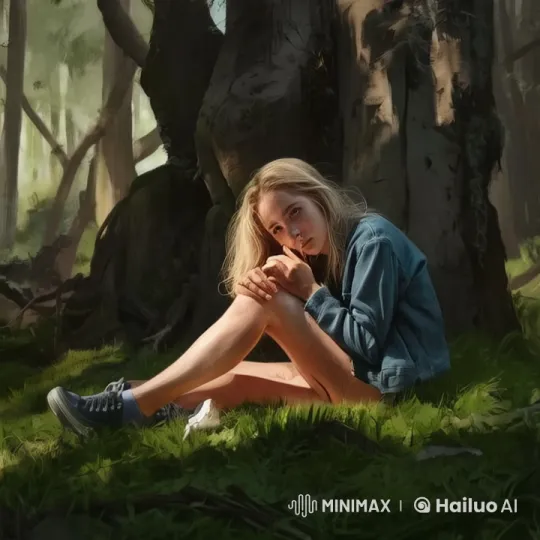 Young Woman Contemplates in a Serene Forest – AI Generated Video | Hailuo AI