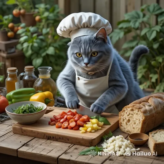 Cat Chef Preparing Meal in Animated Pastoral Setting – AI Generated Video | Hailuo AI