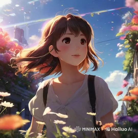 Young Woman in Colorful Garden on Sunny Day – AI Generated Video | Hailuo AI