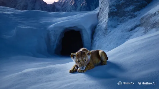 Cub Seeks Warmth in Snowy Mountain Cave – AI Generated Video | Hailuo AI