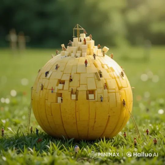 Tiny Builders Construct Grand Cheese Sphere – AI Generated Video | Hailuo AI
