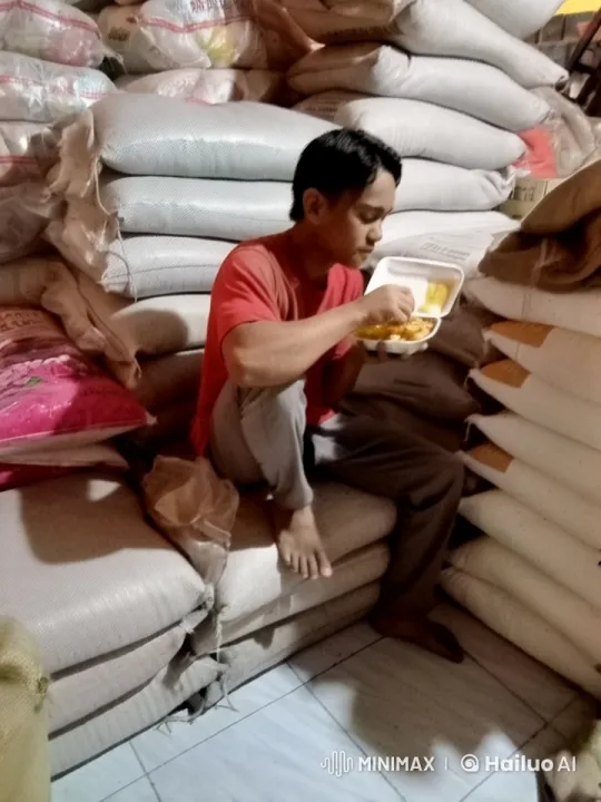 Crying Person Eats in Grain Storage Setting – AI Generated Video | Hailuo AI