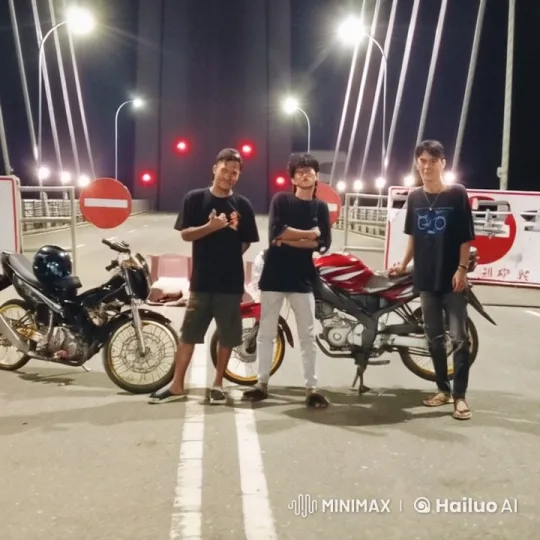 Three Men Perform Kungfu on Bridge with Motorcycles – AI Generated Video | Hailuo AI