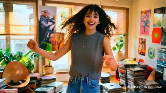 Dancing Woman in Bright, Cluttered Living Room – AI Generated Video | Hailuo AI