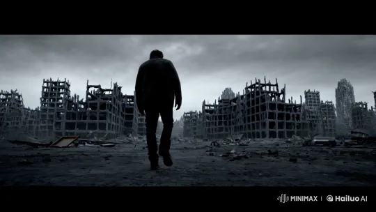 Man Walks Through Post-Apocalyptic Cityscape – AI Generated Video | Hailuo AI