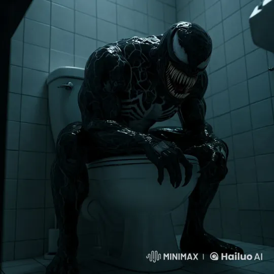 Venom in Menacing Stance in Dimly Lit Bathroom – AI Generated Video | Hailuo AI