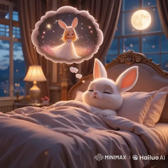 Cute Rabbit Enjoys Peaceful Dream in Luxurious Bedroom – AI Generated Video | Hailuo AI