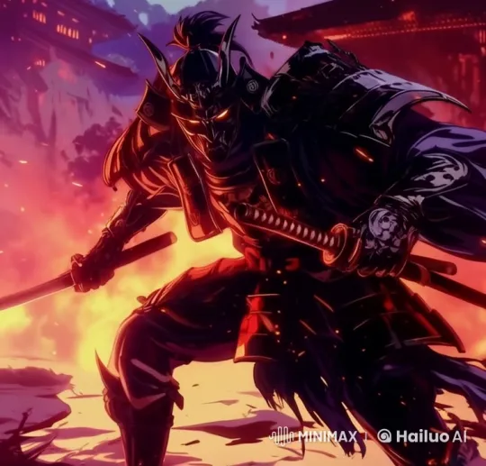Majestic Samurai Sheathes Sword in Fiery Inferno – AI Generated Video | Hailuo AI