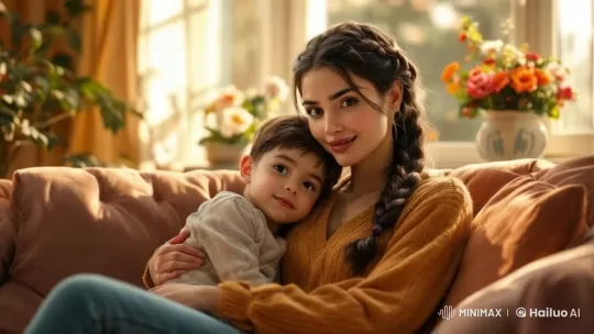 Cozy Living Room: Woman Cradles Child in Sunlight – AI Generated Video | Hailuo AI