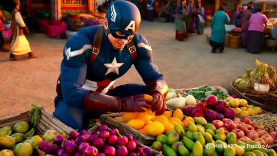Captain America Sells Fruits in Bhutanese Market Aesthetic – AI Generated Video | Hailuo AI