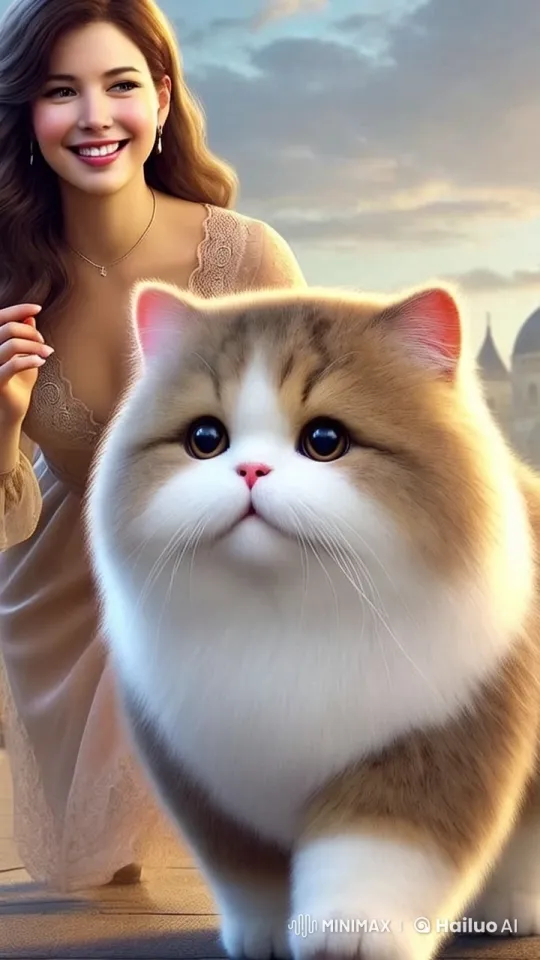 Cute Cat and Woman Stroll Through European City at Dusk – AI Generated Video | Hailuo AI