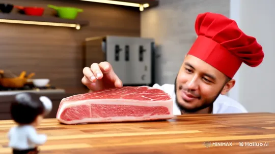 Chef Prepares Steak with Tiny Helpers' Oil Coating – AI Generated Video | Hailuo AI