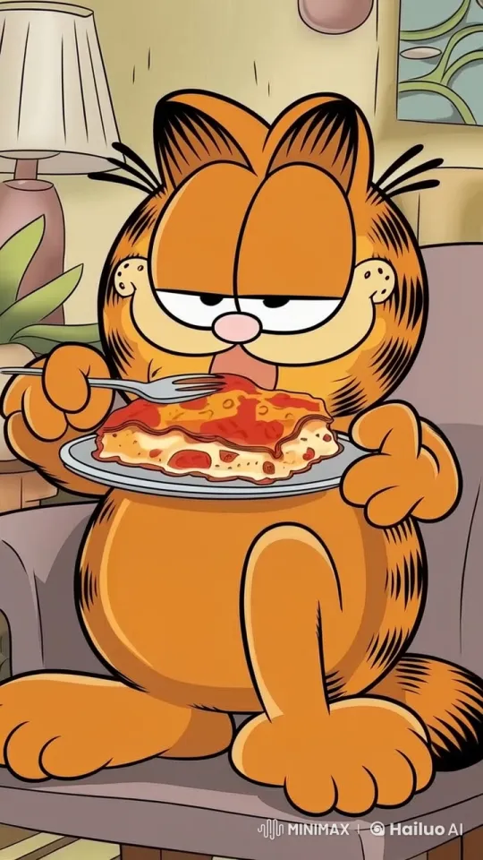 Garfield Enjoying Lasagna in a Cozy Room – AI Generated Video | Hailuo AI