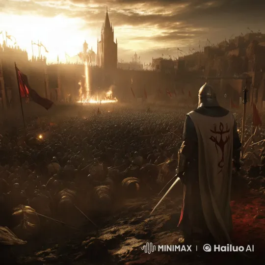 Epic Medieval Battle at Dusk with Knight Preparing for Confrontation – AI Generated Video | Hailuo AI