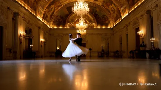 Elegant Dance in Grand Ballroom Captured on Camera – AI Generated Video | Hailuo AI