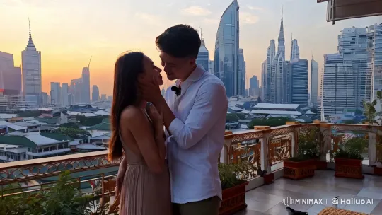 Romantic Couple Embraces on Bangkok Rooftop at Dusk – AI Generated Video | Hailuo AI