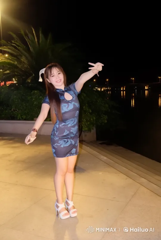 Woman in Blue Dress Performs Dynamic Kung Fu Under Night Sky – AI Generated Video | Hailuo AI