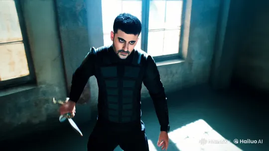 Action Hero Prepares for Combat in Dimly Lit Warehouse – AI Generated Video | Hailuo AI