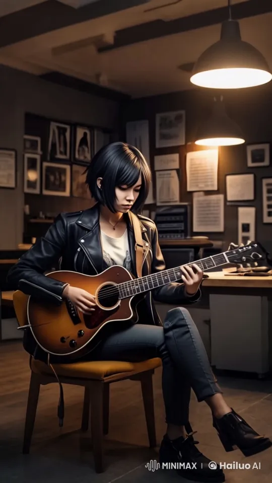 Young Woman Performing Acoustic Guitar in Cozy Room – AI Generated Video | Hailuo AI