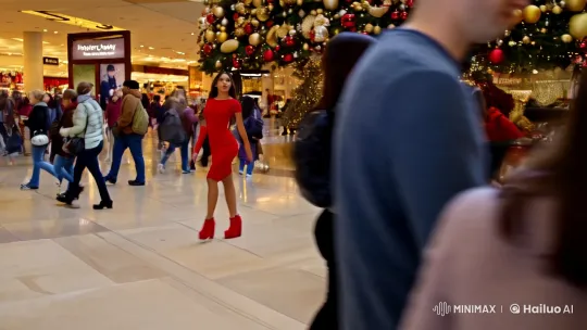 Young Woman Admires Grand Christmas Tree in Shopping Center – AI Generated Video | Hailuo AI
