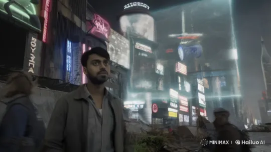 Young Man Navigates Dystopian Future Cityscape – AI Generated Video | Hailuo AI
