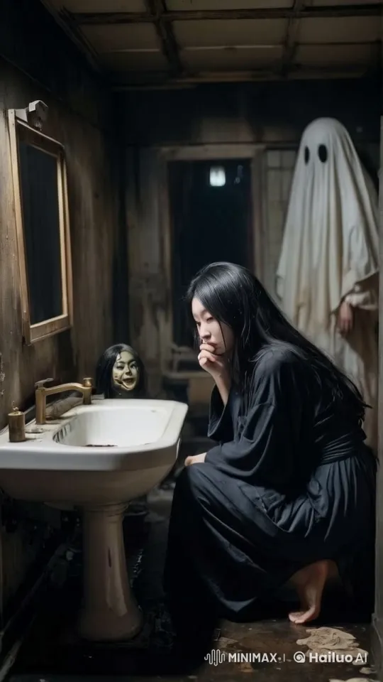 Woman in Robe Grins Amidst Haunted Bathroom Ambiance – AI Generated Video | Hailuo AI