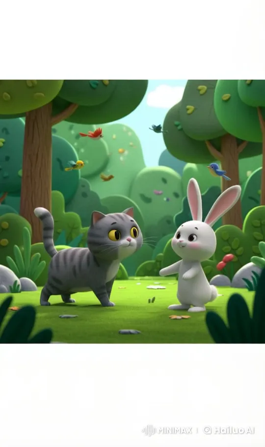 Cute Cat and Rabbit Play in Lush Live2D Forest – AI Generated Video | Hailuo AI