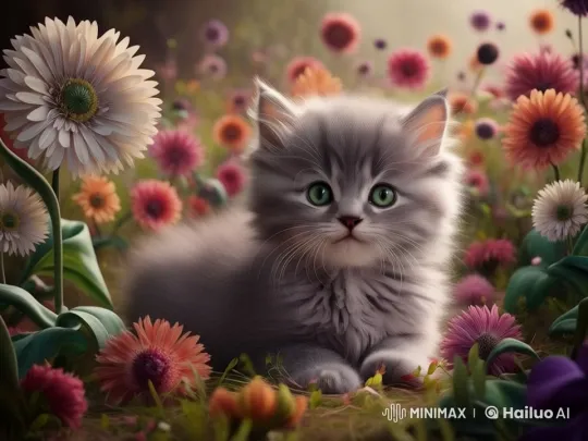Curious Fluffy Kitten in Colorful Garden – AI Generated Video | Hailuo AI