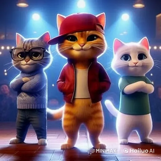 Three Cats in Trendy Outfits Perform Synchronized Dance – AI Generated Video | Hailuo AI