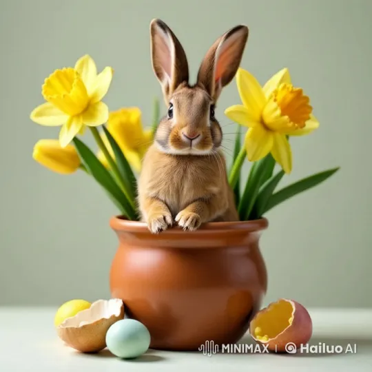 Cute Rabbit in Easter Scene with Daffodils and Eggs – AI Generated Video | Hailuo AI