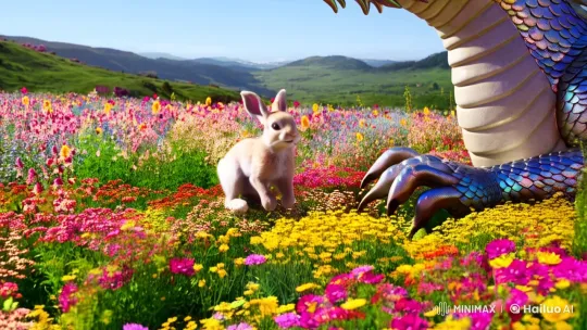 Enchanted Bunny Frolics Amidst Flower Field and Dragon Sculpture – AI Generated Video | Hailuo AI