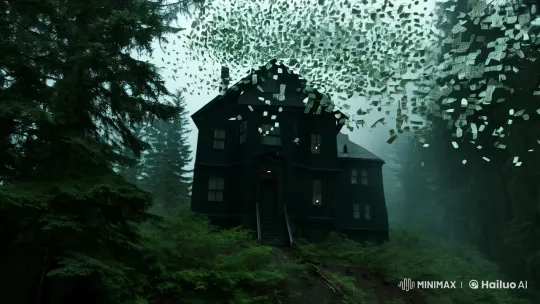 Eerie Forest: Black House Amidst Falling Dollar Bills – AI Generated Video | Hailuo AI