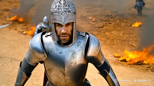 Knight Battles Enemies with Valor Amidst Chaos – AI Generated Video | Hailuo AI