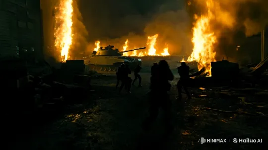 Urban Battlefield: Intense Confrontation Amidst Flames – AI Generated Video | Hailuo AI