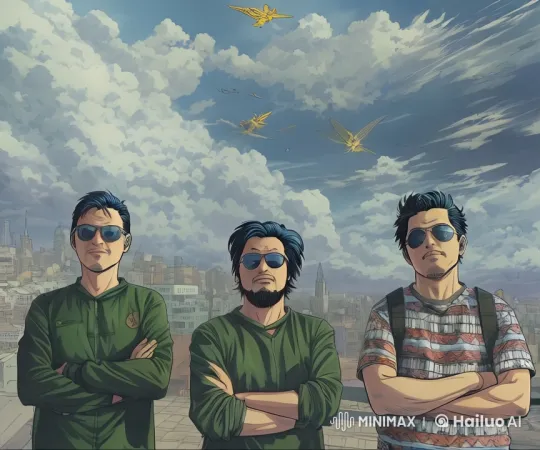 Heroic Trio Poses on Rooftop with Futuristic Birds – AI Generated Video | Hailuo AI