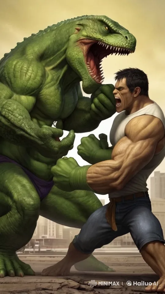 Hulk vs. Giant Lizard: Epic City Street Showdown – AI Generated Video | Hailuo AI