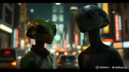 Aliens Explore Bustling Neon City at Night – AI Generated Video | Hailuo AI