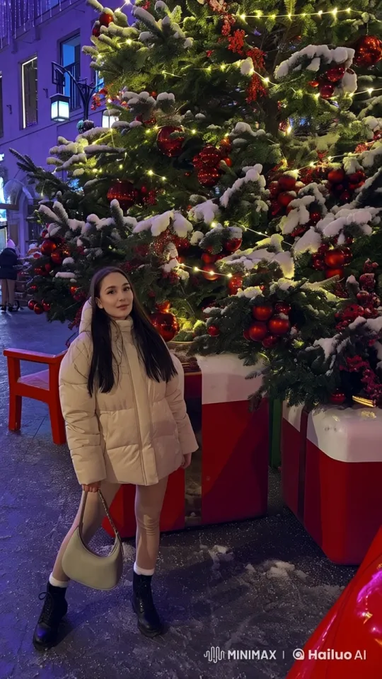 Cozy Winter Stroll with Cats by Festive Christmas Tree – AI Generated Video | Hailuo AI