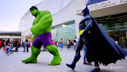 Hulk and Batman Embrace at Riyadh Kingdom Mall – AI Generated Video | Hailuo AI