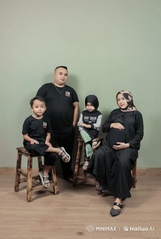 Family Portrait with Green Background and Wooden Floor – AI Generated Video | Hailuo AI