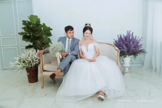 Romantic Wedding Scene: Bride and Groom's Tender Moment – AI Generated Video | Hailuo AI