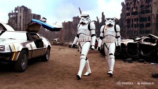 Stormtroopers and DeLorean in Post-Apocalyptic Landscape – AI Generated Video | Hailuo AI