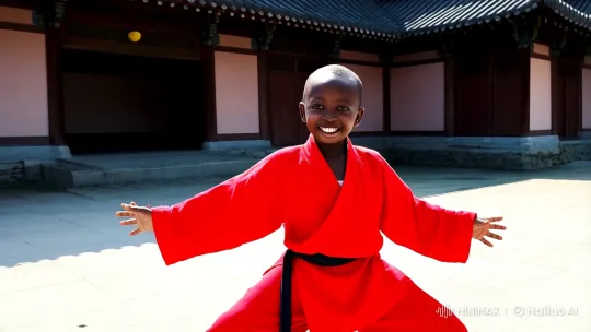 Young Boy Practices Martial Arts in Vibrant Courtyard – AI Generated Video | Hailuo AI