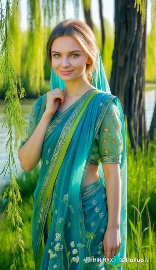 Graceful Girl in Vibrant Saree Walks by a Serene River – AI Generated Video | Hailuo AI