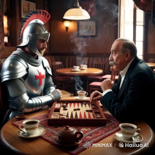 Knight and Gentleman Enjoy Tavla in Cozy Café – AI Generated Video | Hailuo AI