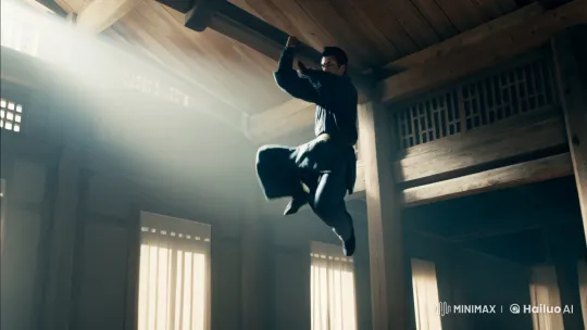 Martial Artist's Graceful Kung Fu Kick in Dim Hall – AI Generated Video | Hailuo AI