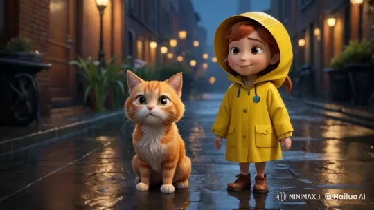 Child Comforts Chilled Cat in Rainy Alleyway – AI Generated Video | Hailuo AI