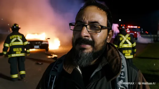 Tireless Firefighter Rests Amidst Blazing Night – AI Generated Video | Hailuo AI