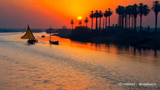 Tranquil Nile Under Fiery Sunset Transitioning to Night – AI Generated Video | Hailuo AI